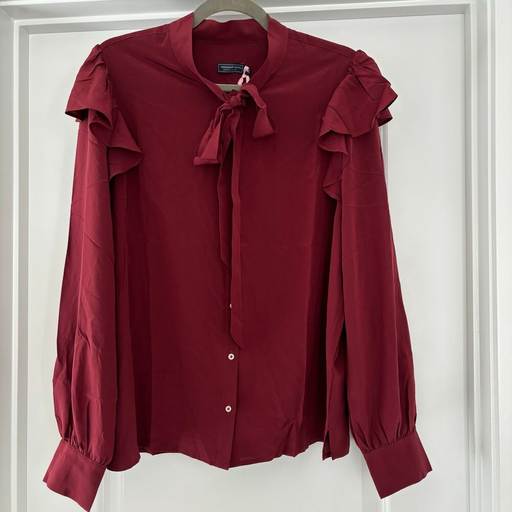 NWT Vineyard Vines Silk Ruffle Trim Tie Neck Blouse Crimson 100% silk Size XL